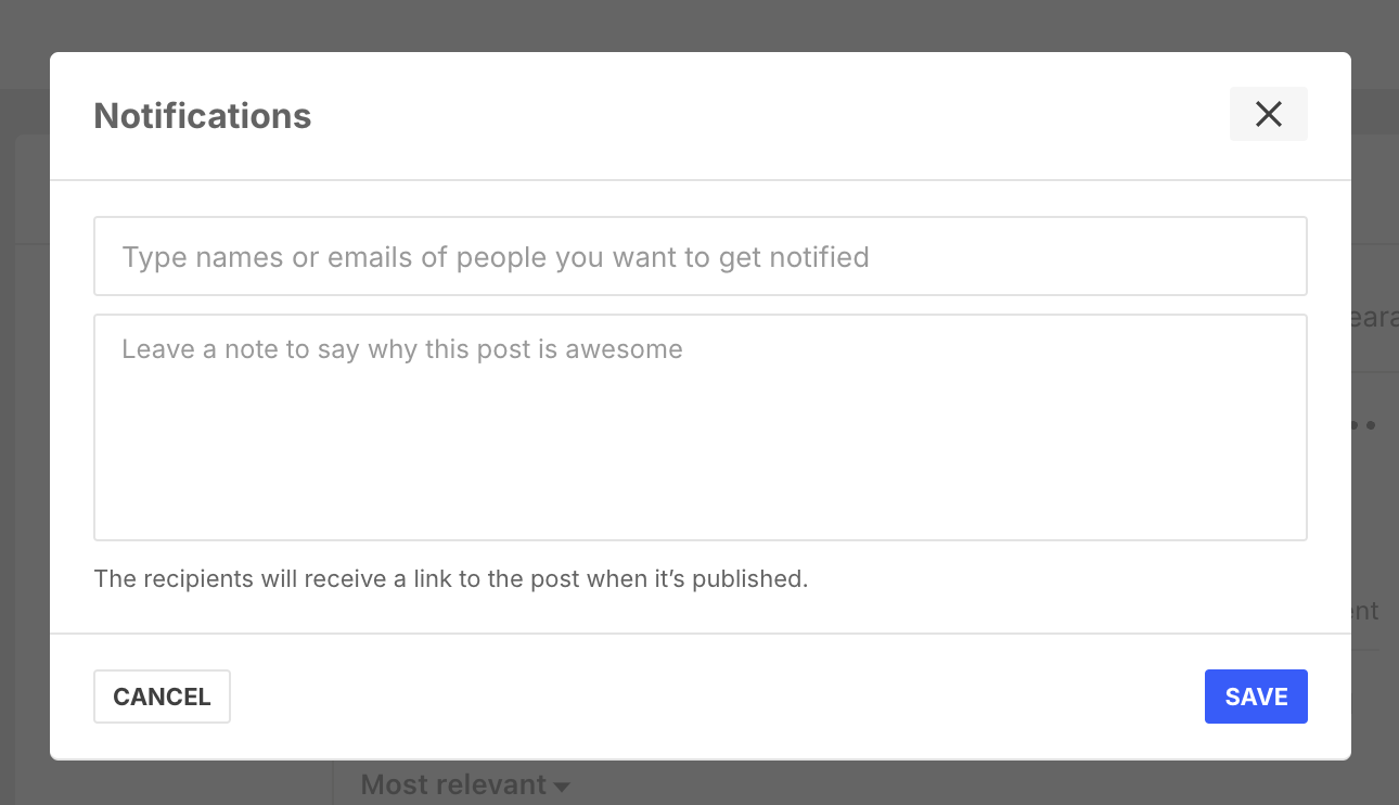 The notifications window in the Publish post creator