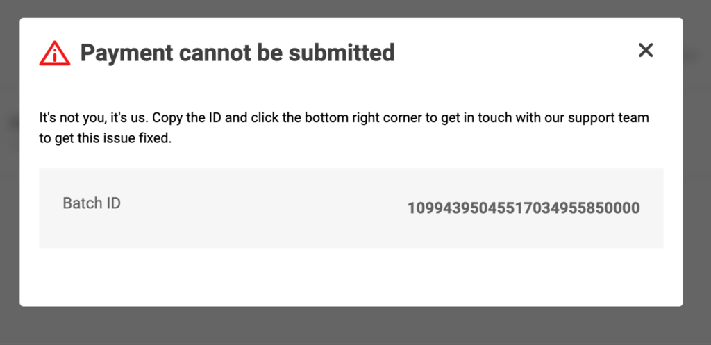 Payment cannot be submitted Influence side error message with ID.png