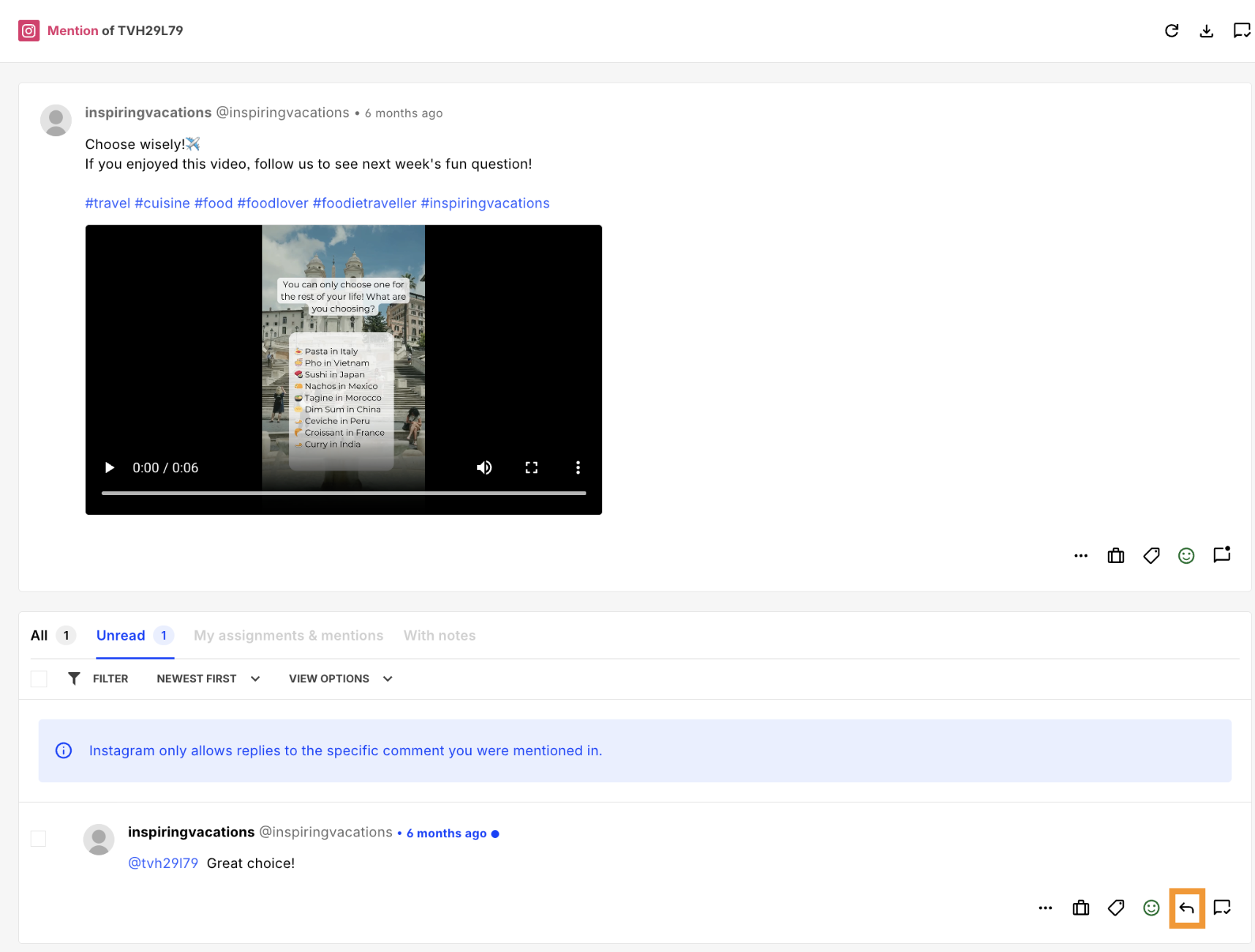 Mention of Instagram channel in Reel comment in Engage