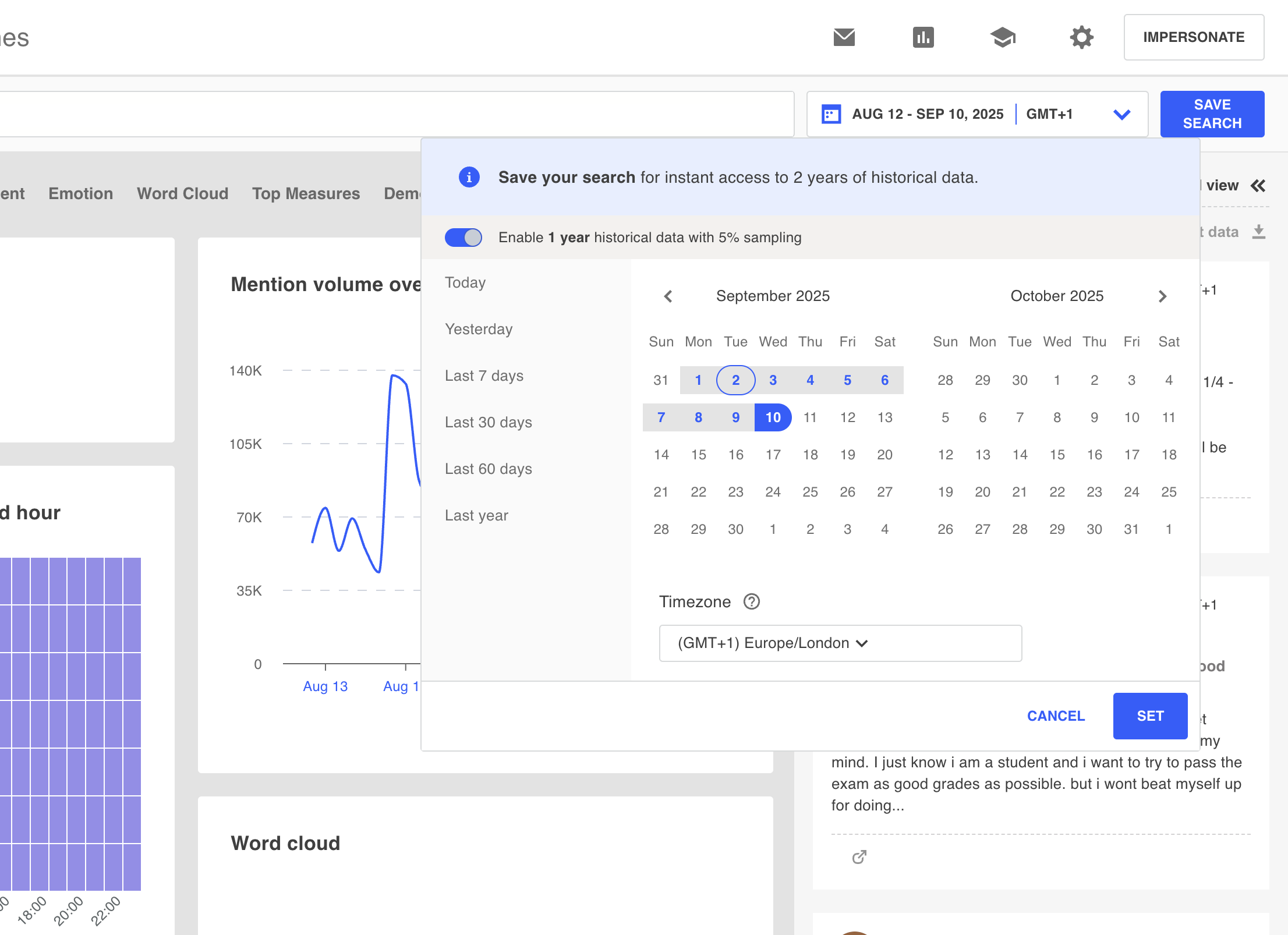 Quick search 1 year historical data option and save search button